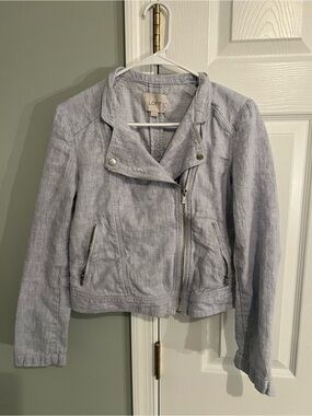 LOFT Pale Blue Linen-Blend Moto Jacket